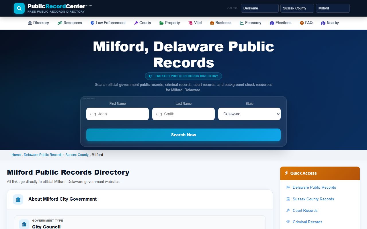 Milford public records info page tied to Milford bankruptcy records