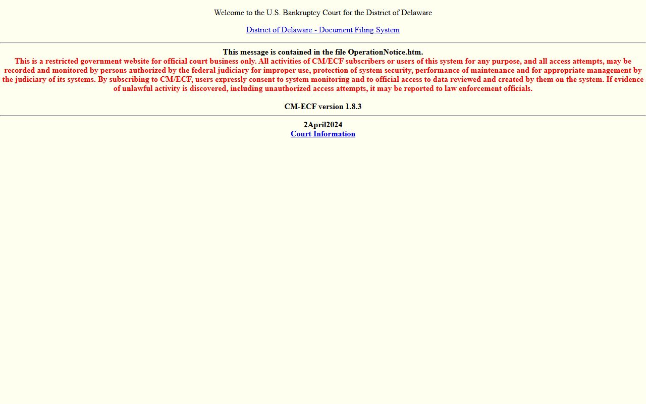 Wilmington CM/ECF system login page for Wilmington bankruptcy records