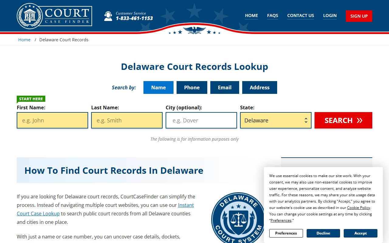 Delaware court case finder page for Wilmington bankruptcy records and case lookup