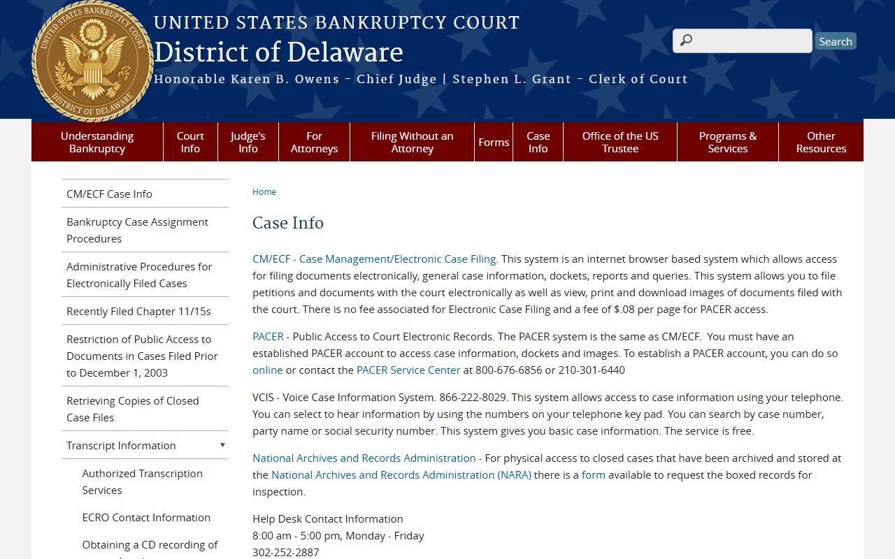 Delaware Bankruptcy Court case information page describing search methods for Delaware bankruptcy records