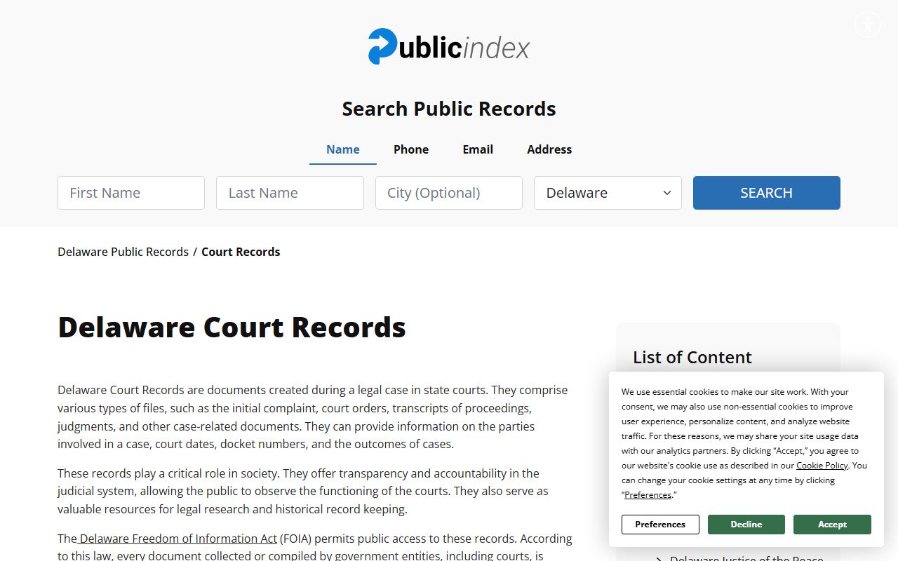 Delaware court records page covering Delaware bankruptcy records access