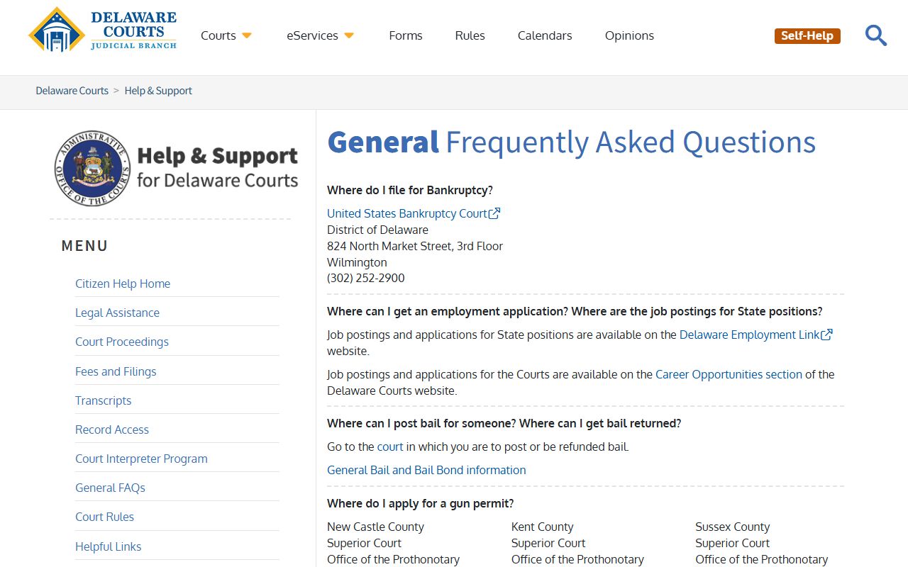 Delaware State Courts FAQ page explaining where to file Delaware bankruptcy records