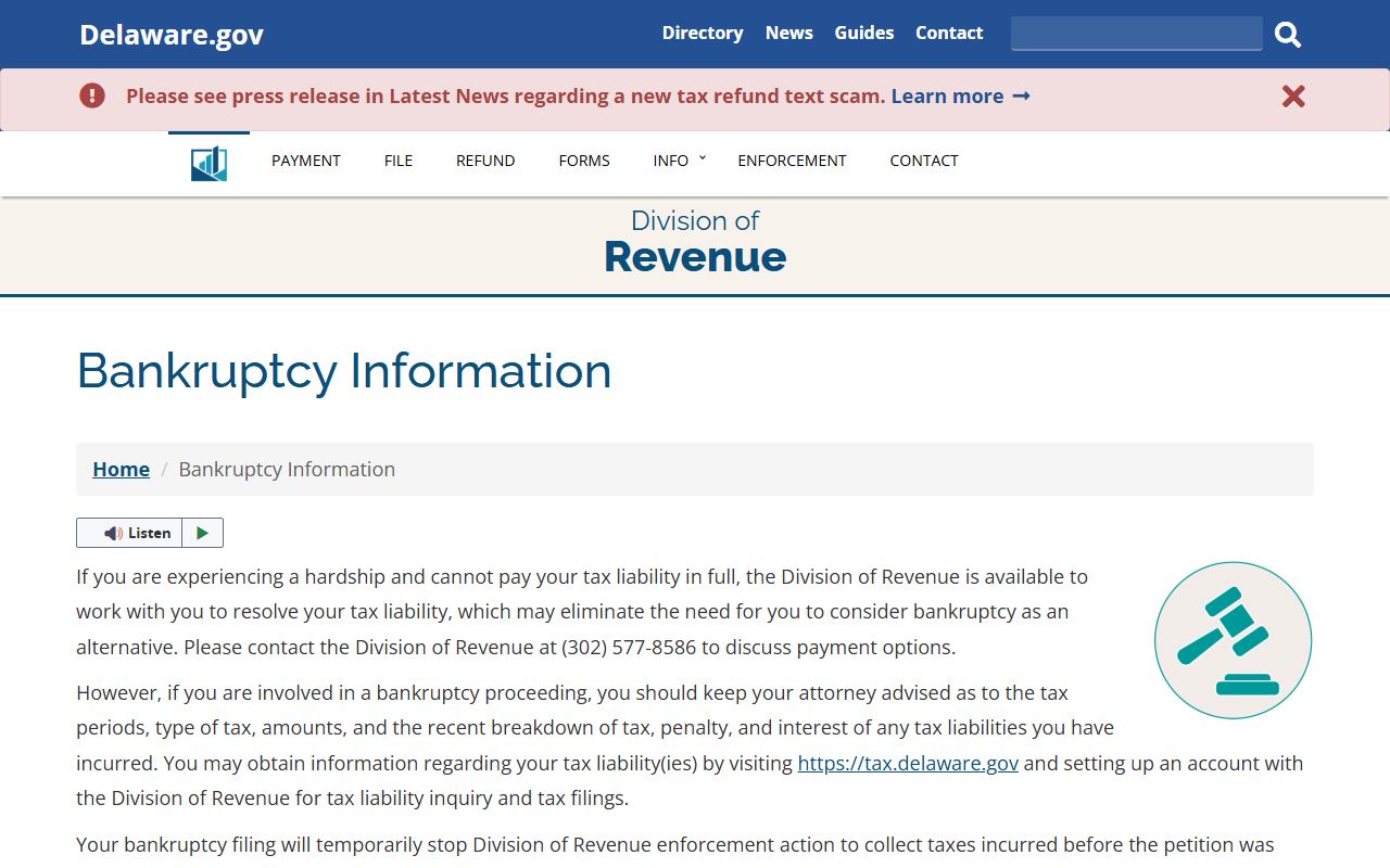 Delaware Division of Revenue bankruptcy page supporting Delaware bankruptcy records filers