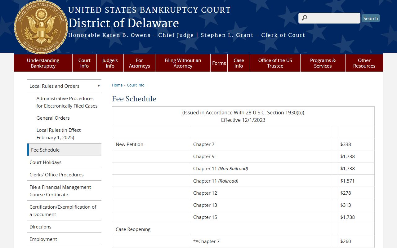 Delaware Bankruptcy Court fee schedule listing costs tied to Delaware bankruptcy records