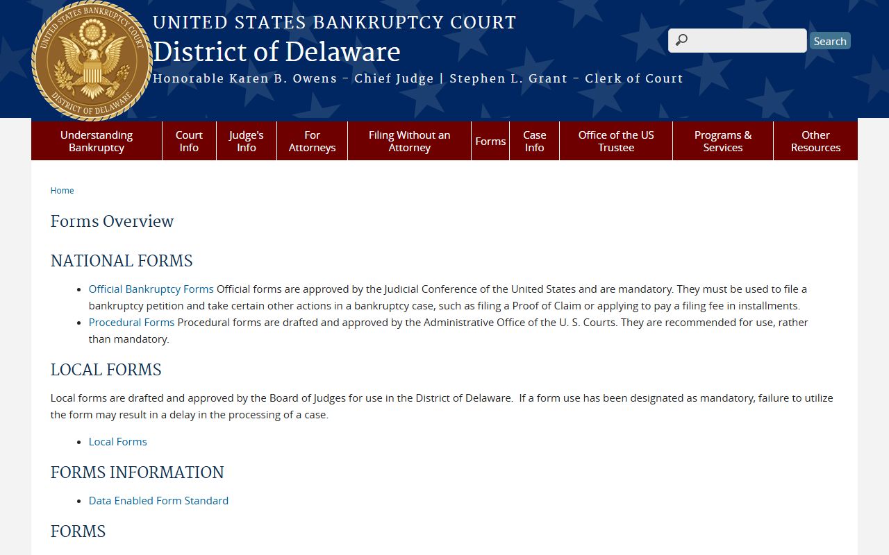 Forms overview page for filings tied to Delaware bankruptcy records