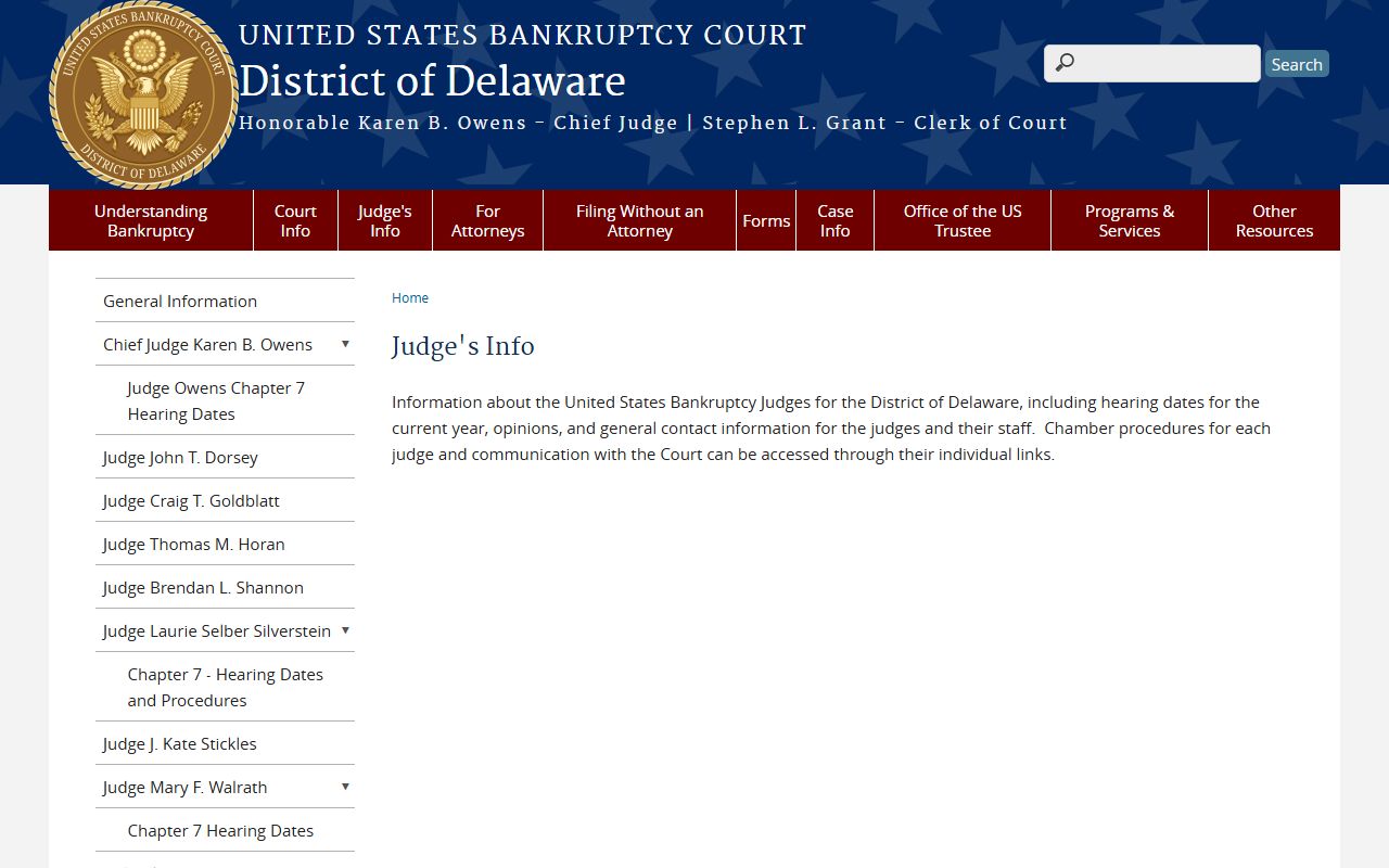 Delaware Bankruptcy Court judge information page for Delaware bankruptcy records inquiries