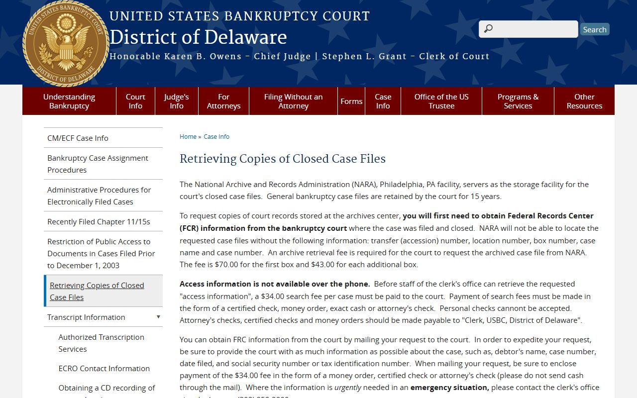 Instructions for retrieving closed Delaware bankruptcy records from the National Archives