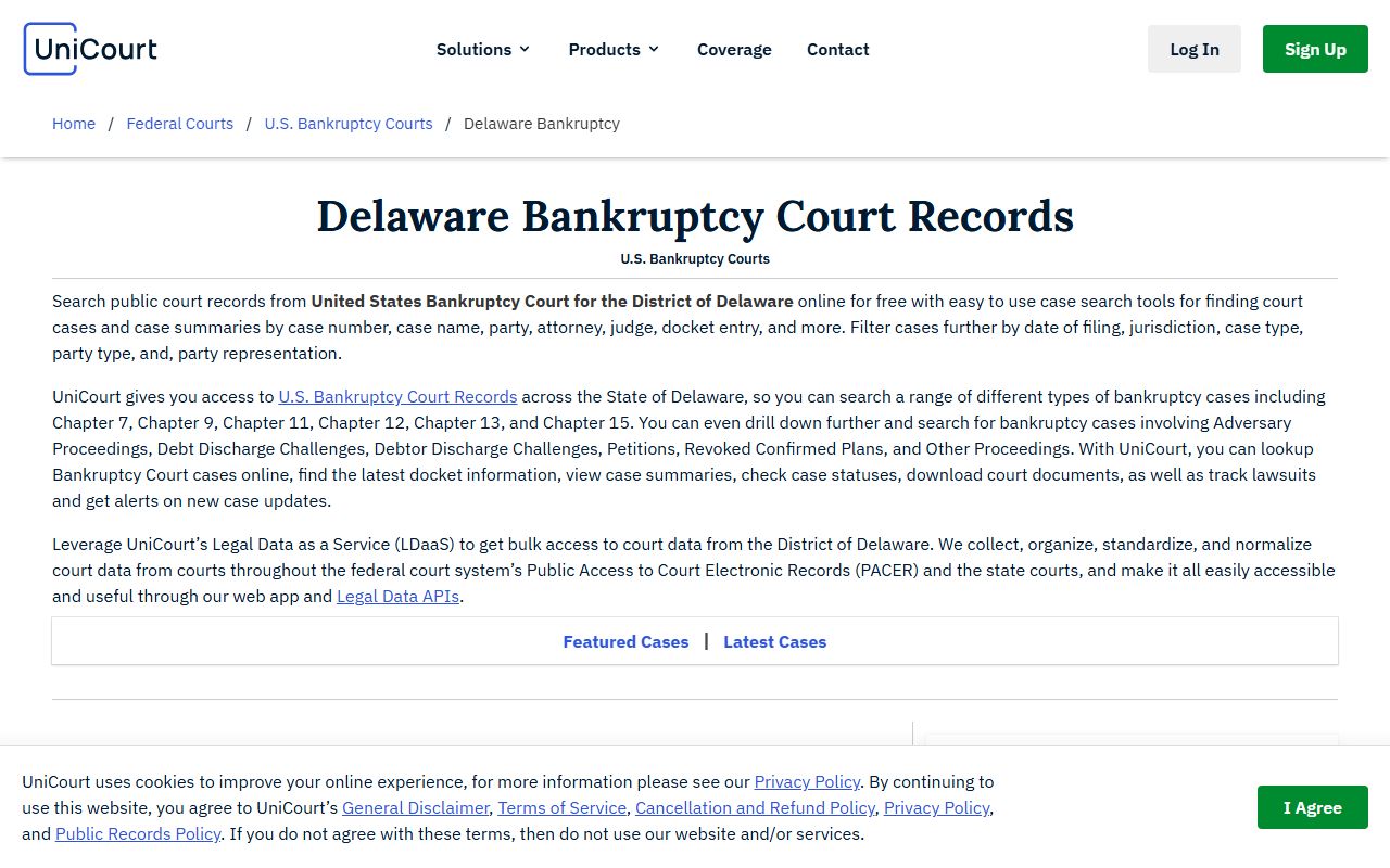UniCourt page for Delaware bankruptcy records with case tracking tools