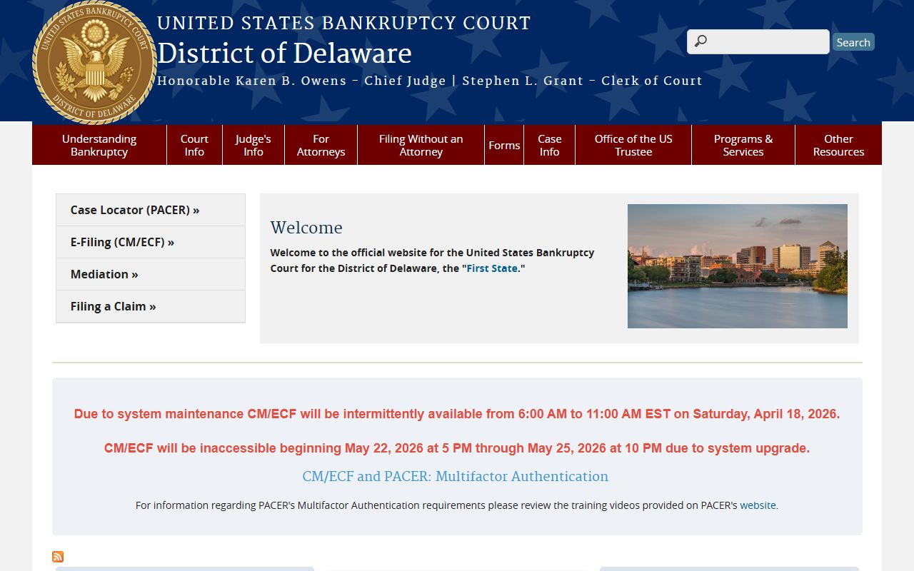 U.S. Bankruptcy Court for the District of Delaware homepage showing Delaware bankruptcy records resources